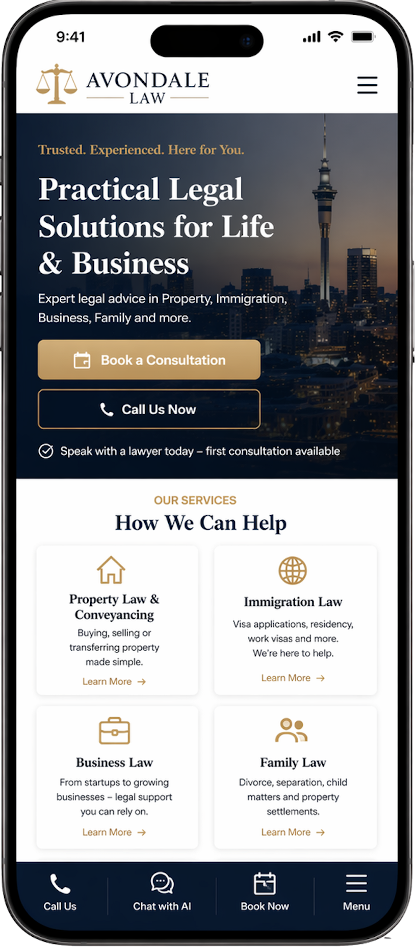 Legal services — mobile homepage